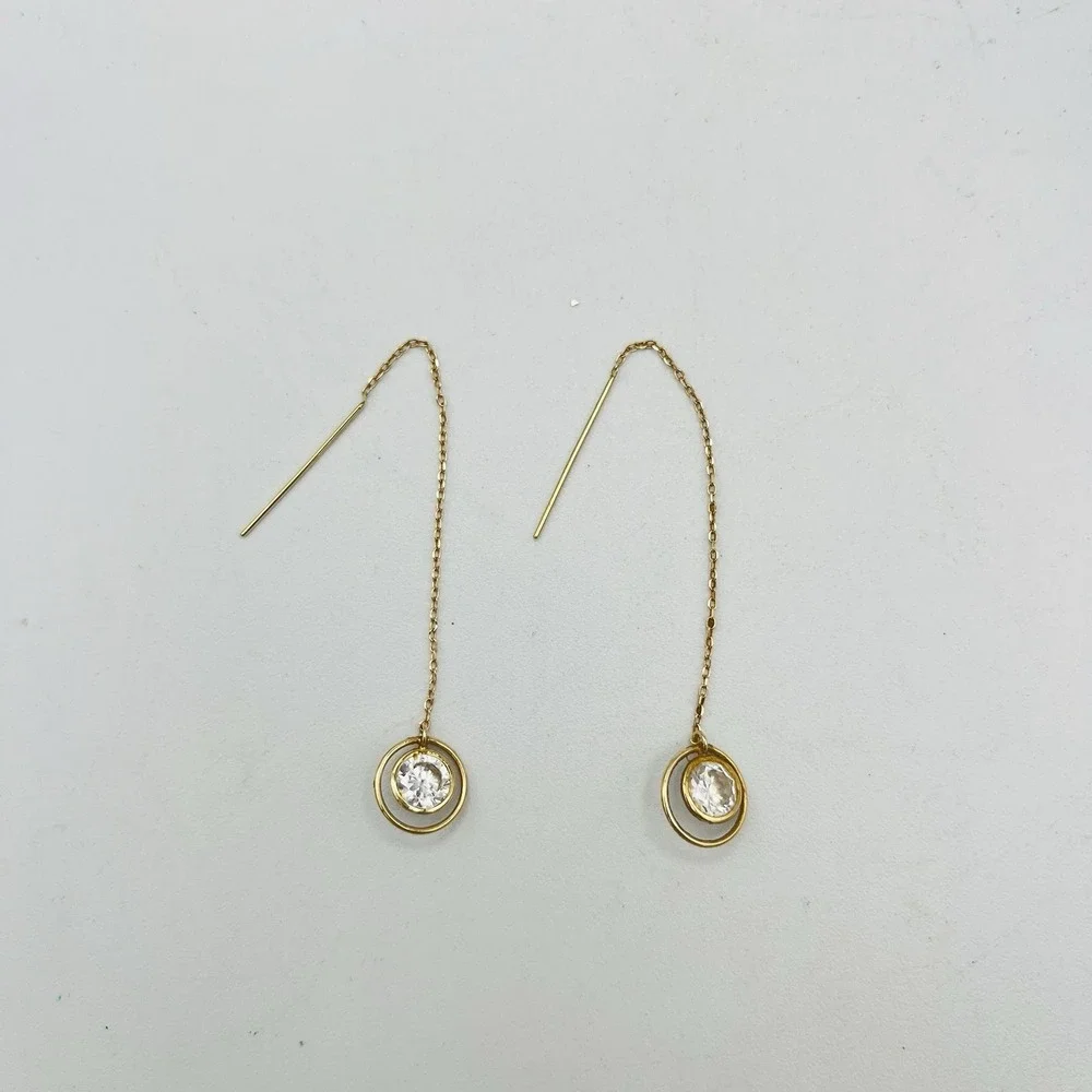 VTG 14K Yellow Gold Threader Earrings Long CZ Crystal Hoop Dangle 3